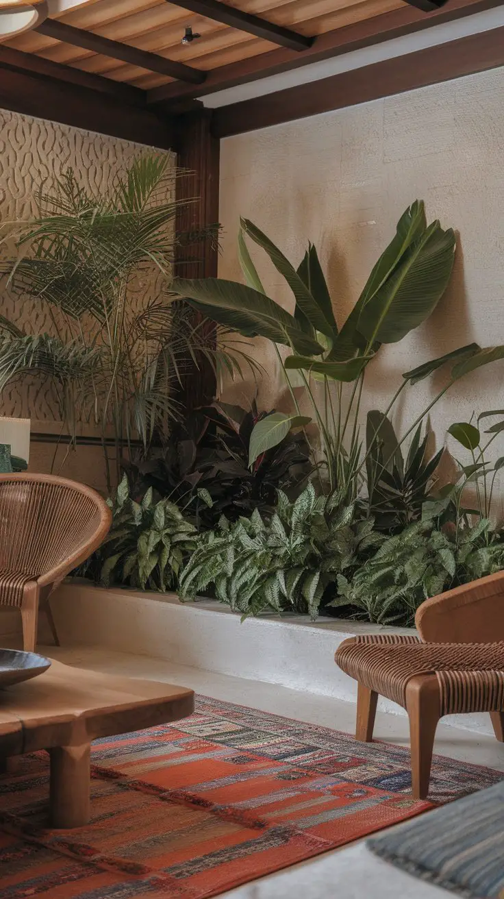A cozy living room featuring a variety of indoor plants, wooden furniture, and a colourful rug