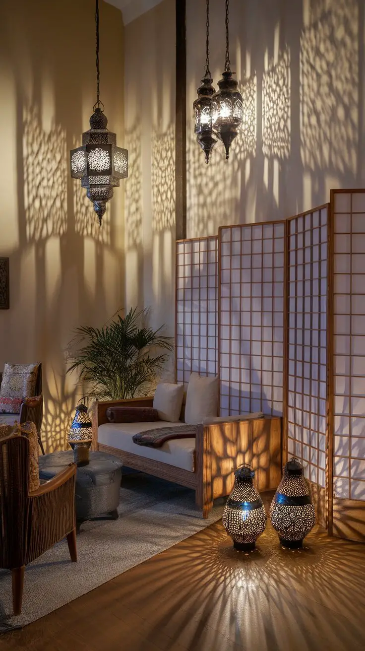 A Moroccan-inspired living room with lanterns and Shoji screens, showcasing layered lighting techniques.