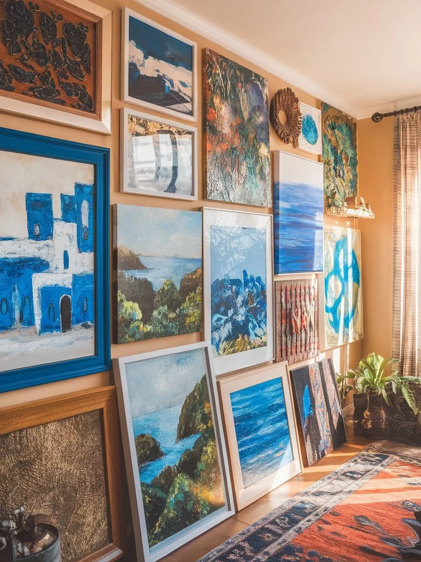 A wall decorated with various pieces of Mediterranean-inspired artwork, showcasing blues, greens, and natural textures.
