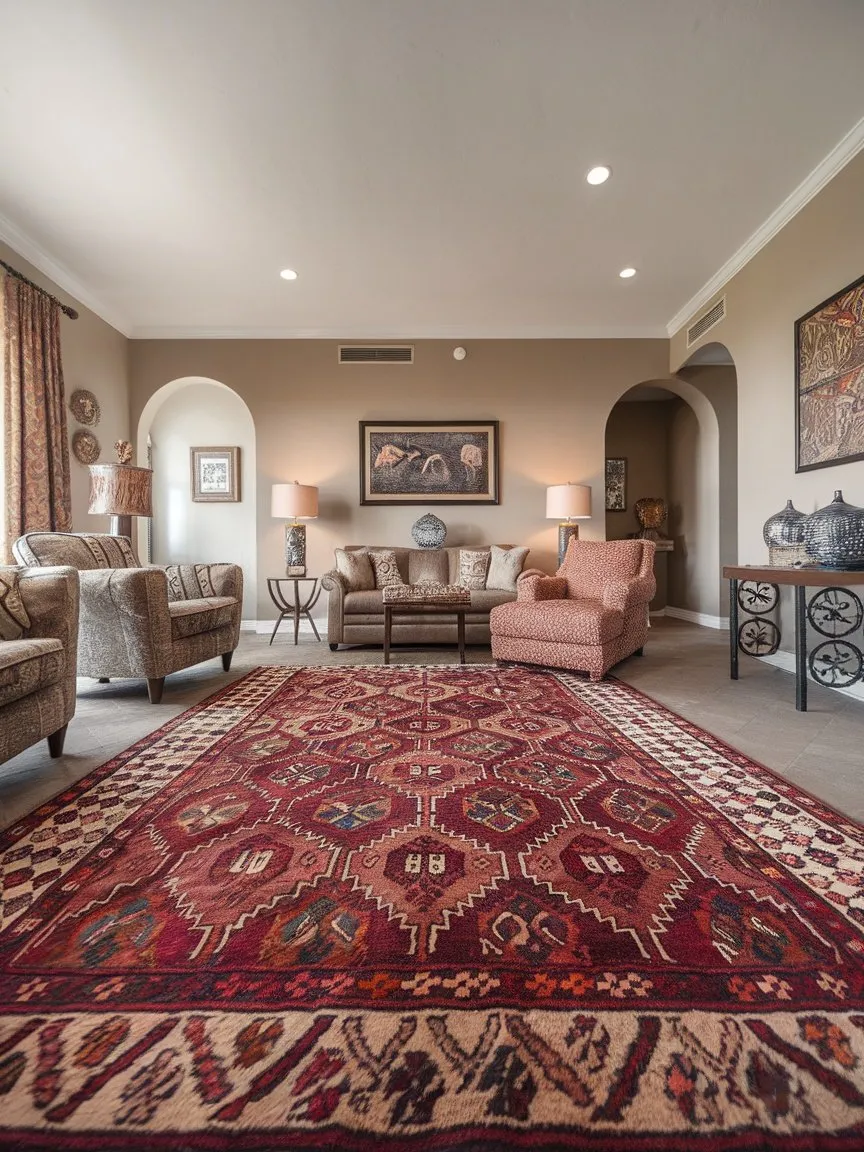 A living room featuring a Mediterranean-style rug with intricate patterns and warm colours.