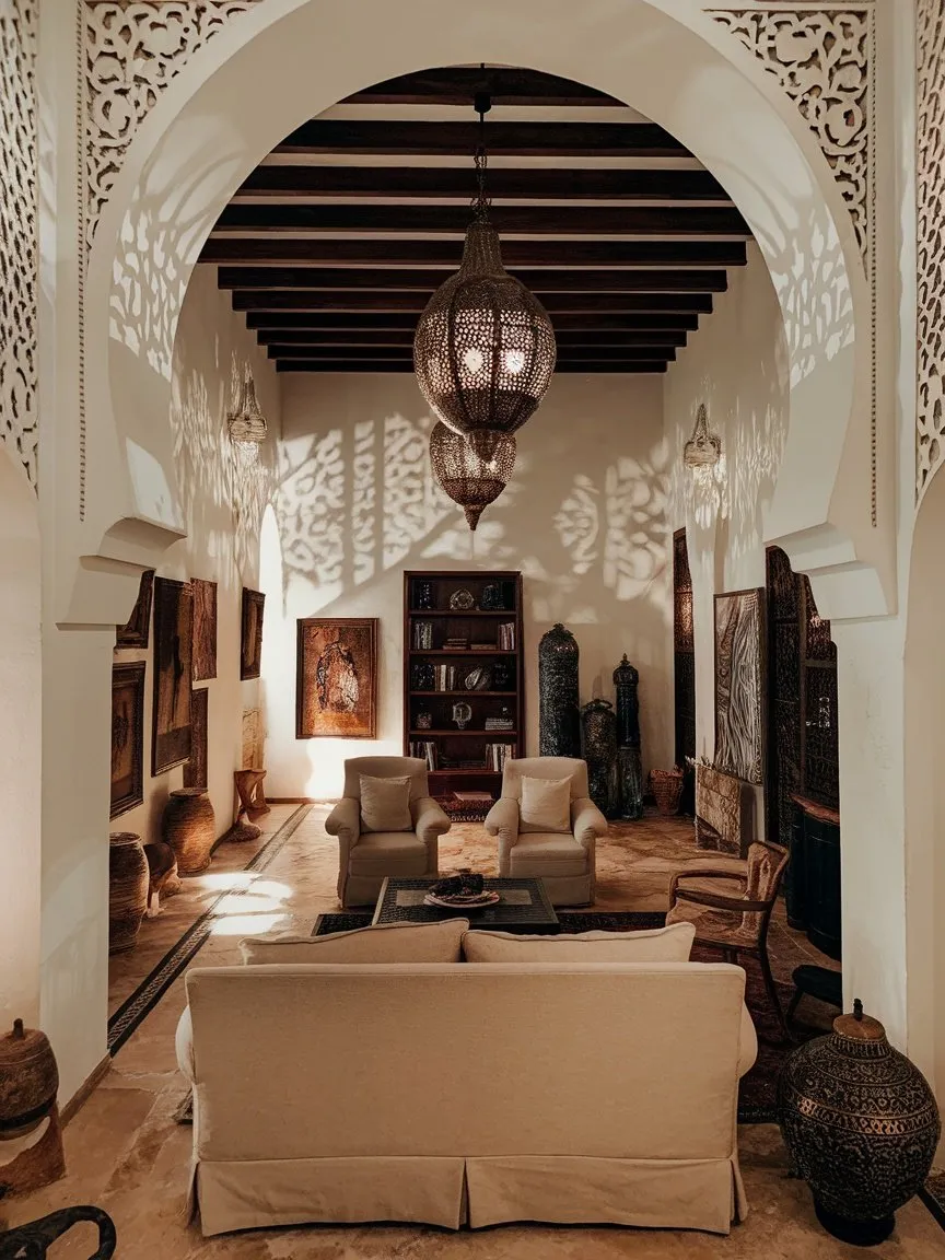 A beautifully decorated living room featuring Moroccan-inspired lighting fixtures, showcasing intricate patterns and a warm atmosphere.