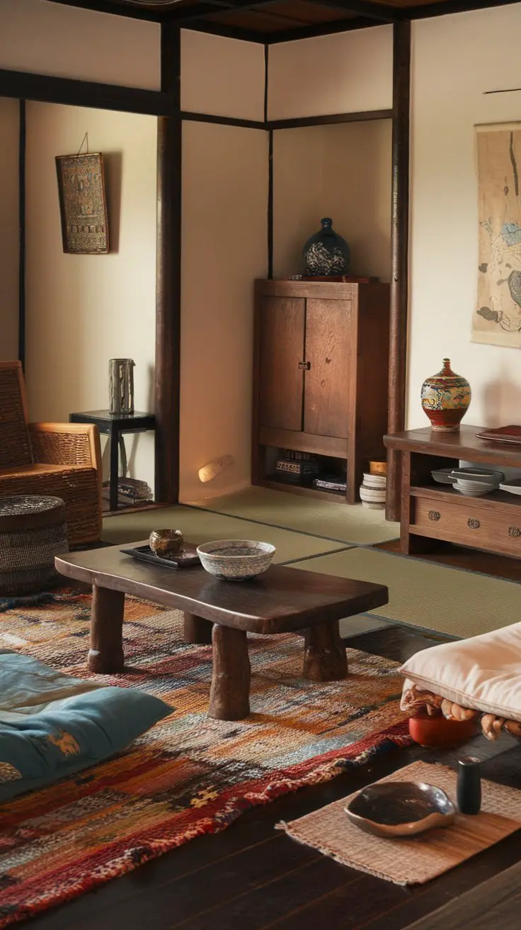 A cozy living room featuring Japanese and Moroccan decor elements, including wooden furniture, vibrant rugs, and soft cushions.