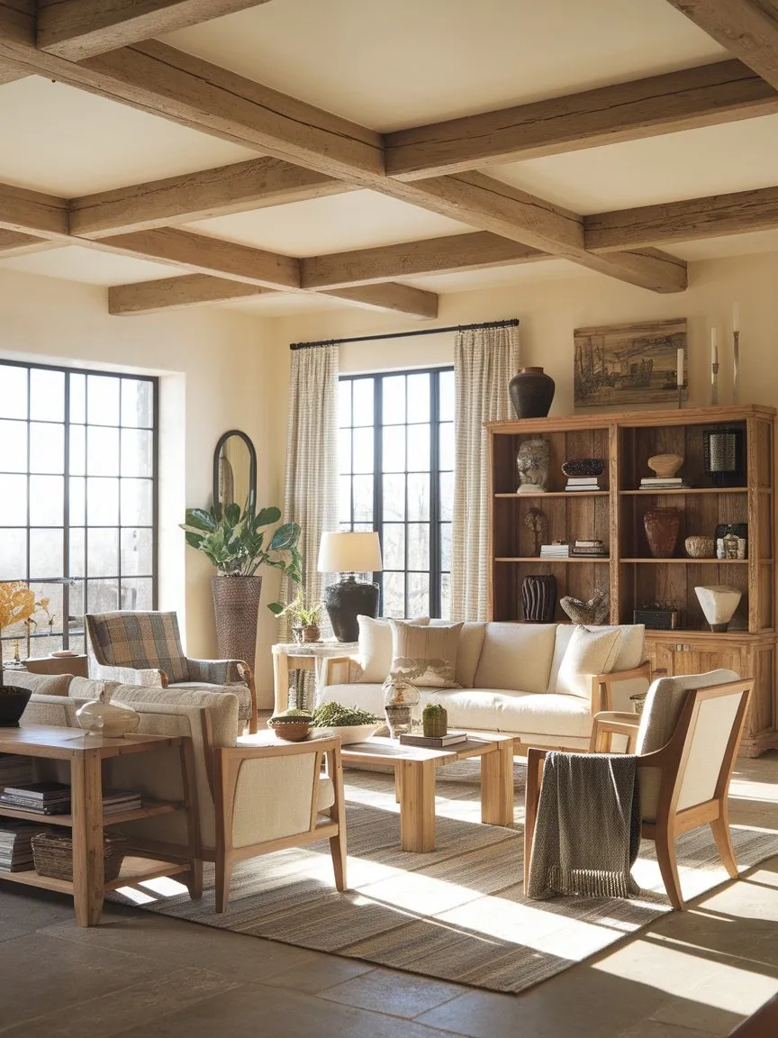 Cozy Mediterranean style living room with natural wood accents and soft textiles