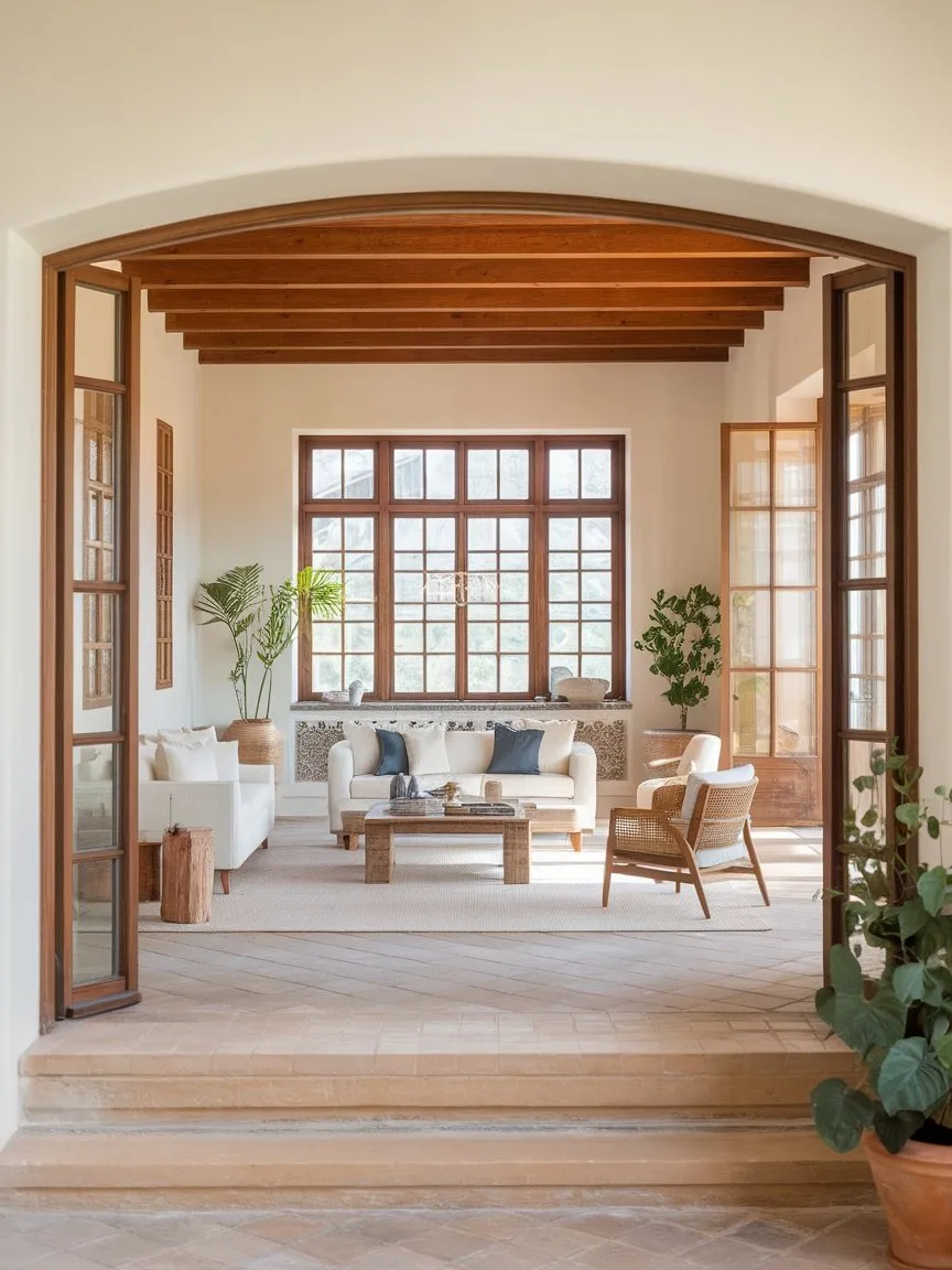 A Mediterranean style living room with large windows, wooden beams, and natural decor elements.