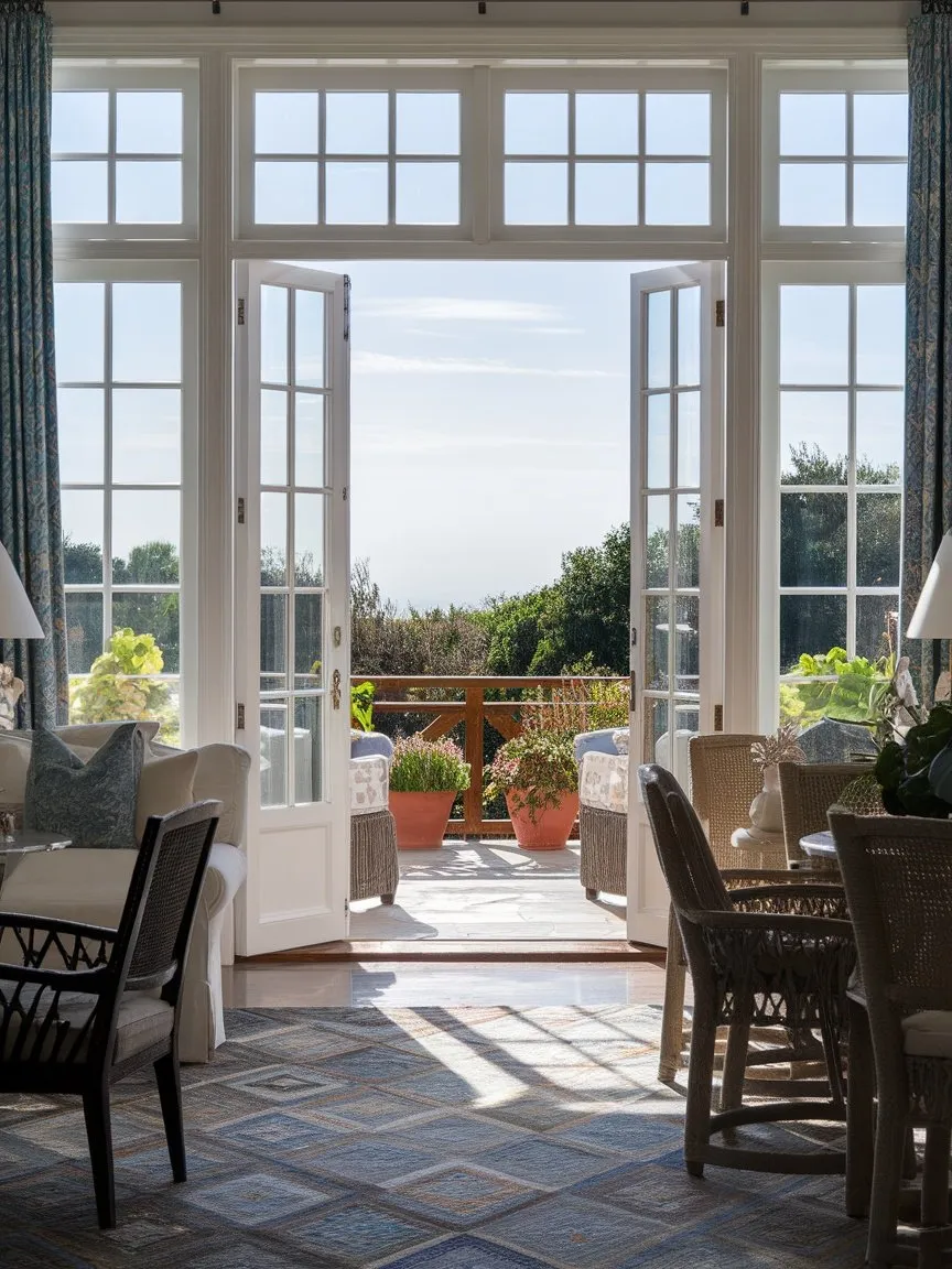 A Mediterranean-style living room with open doors leading to a garden.