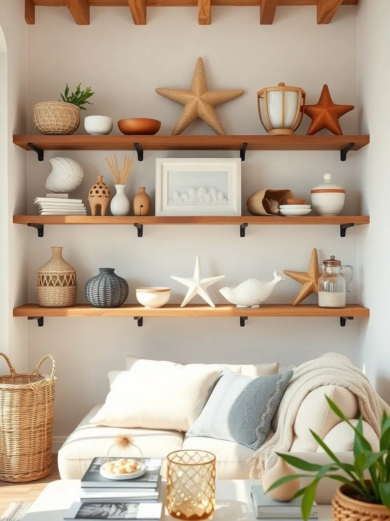 A beautifully arranged living room with seaside-inspired accessories, including shelves filled with shells and driftwood, a coffee table with a tray of shells, and woven baskets.