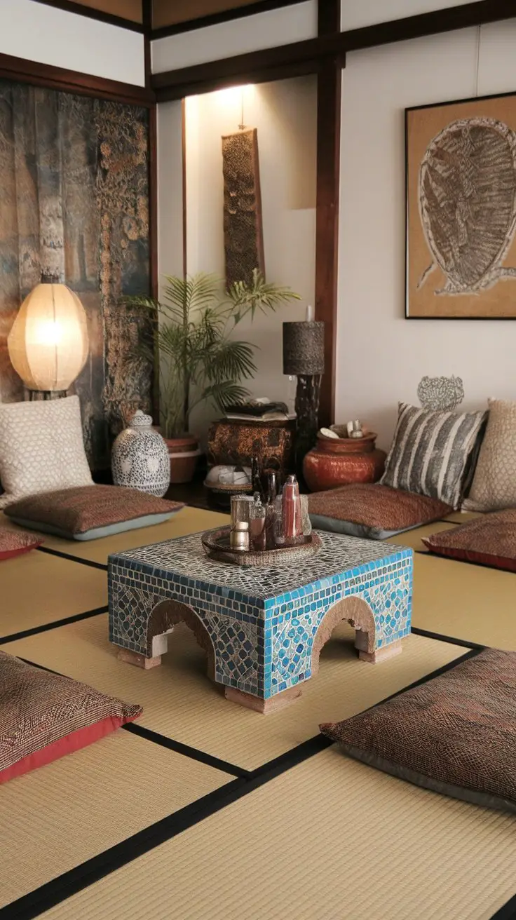 Living room with Japanese and Moroccan design elements, featuring a tiled coffee table, minimalistic chairs, and warm lighting.