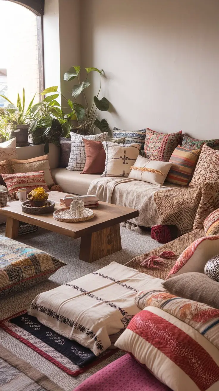A cosy living room featuring an assortment of cushions and throws in various textures and patterns, with a wooden coffee table and plants.