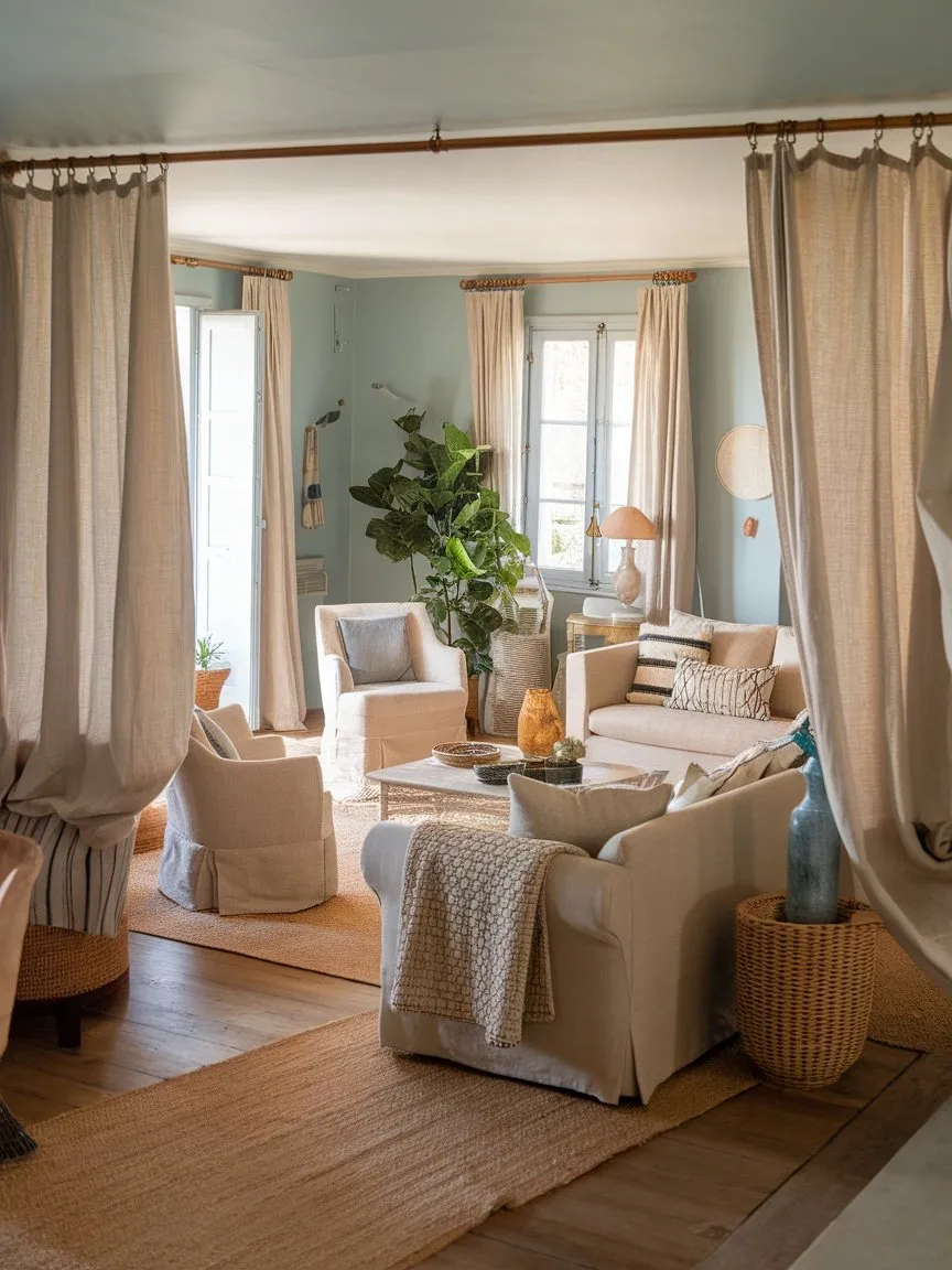 A beautifully decorated Mediterranean style living room with textured fabrics and layers.