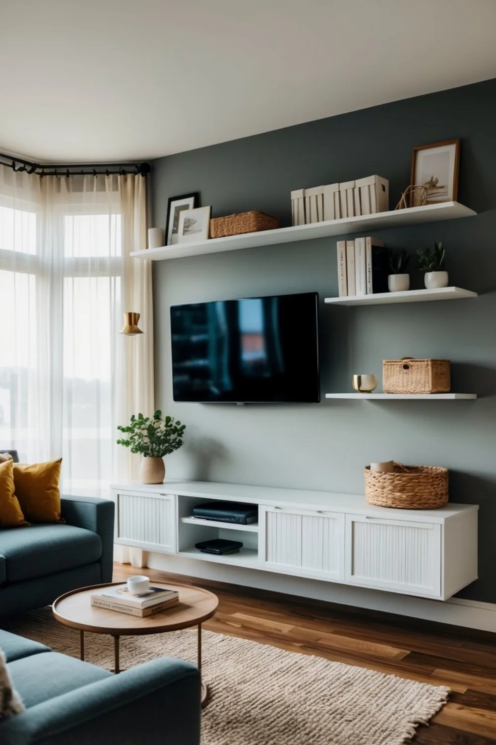 A cozy living room with wall-mounted shelving, maximizing space with stylish design and practical storage solutions