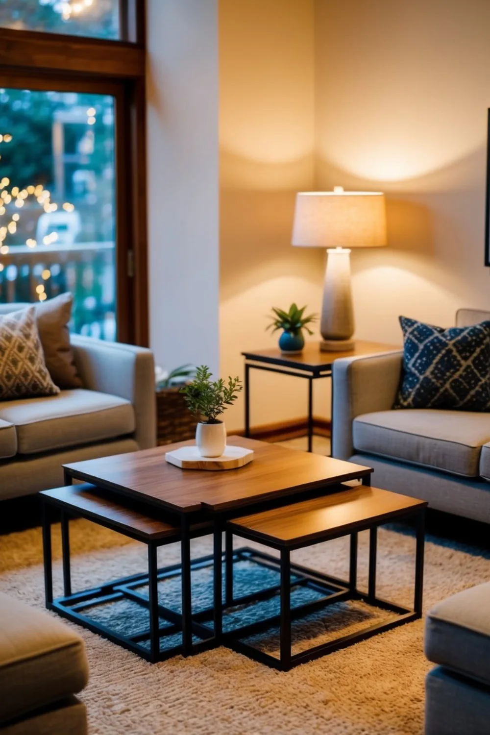 A cozy living room with a set of nesting coffee tables, designed for small spaces, surrounded by comfortable seating and warm lighting