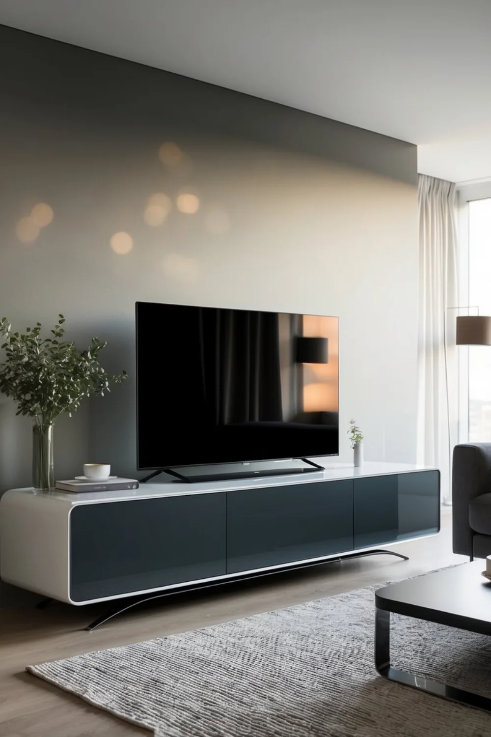 A sleek, modern TV unit in a cozy living room with limited space