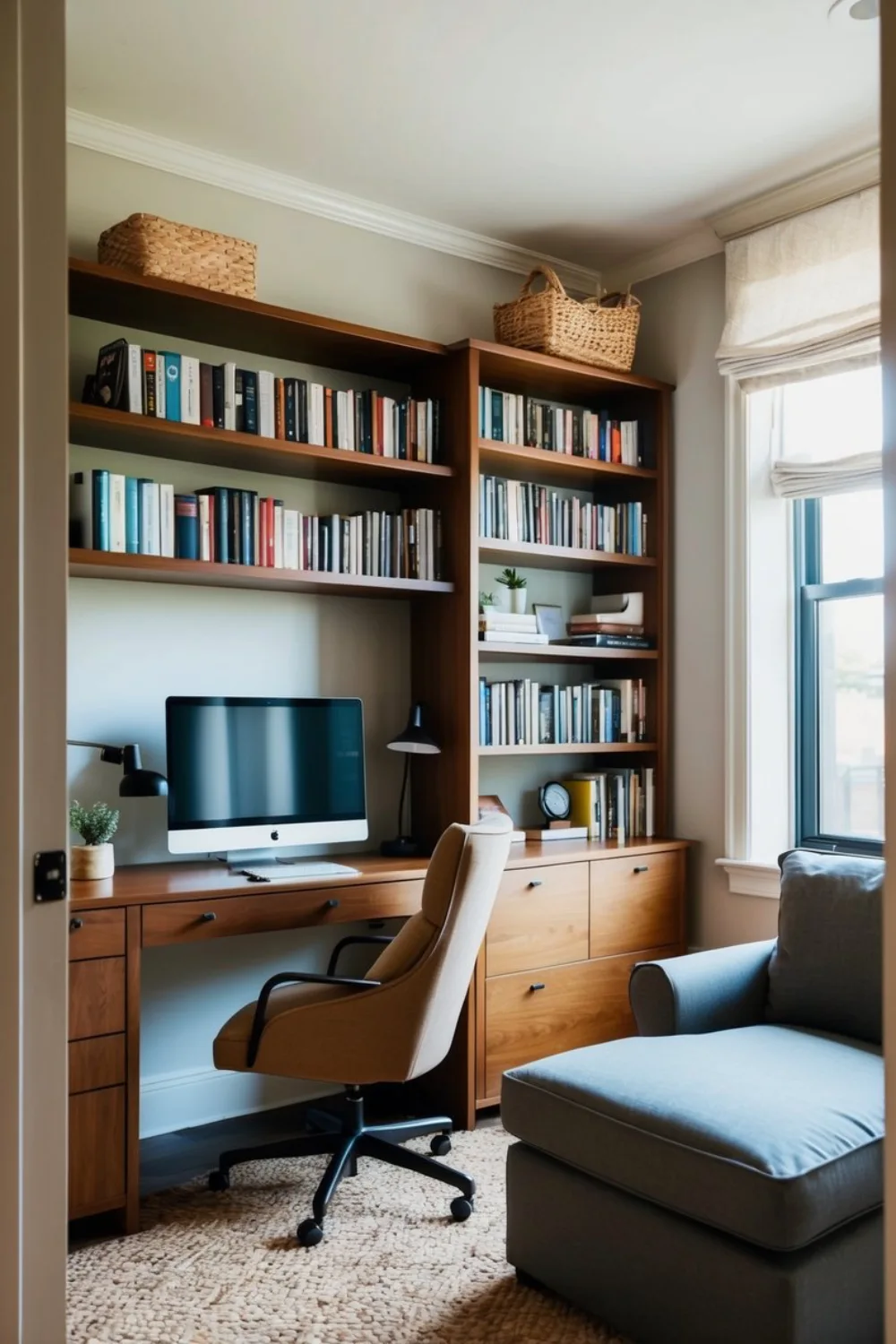 A cozy living room with a corner desk, bookshelves, and a comfortable chair in a small space