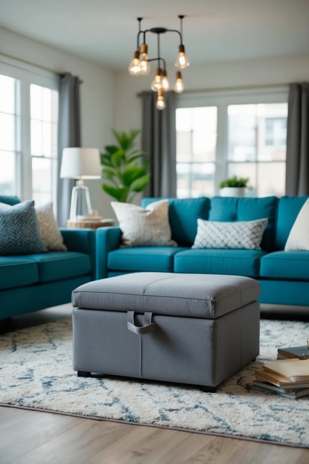 A cozy living room with a compact storage ottoman, surrounded by space-saving furniture and clever storage solutions for small spaces